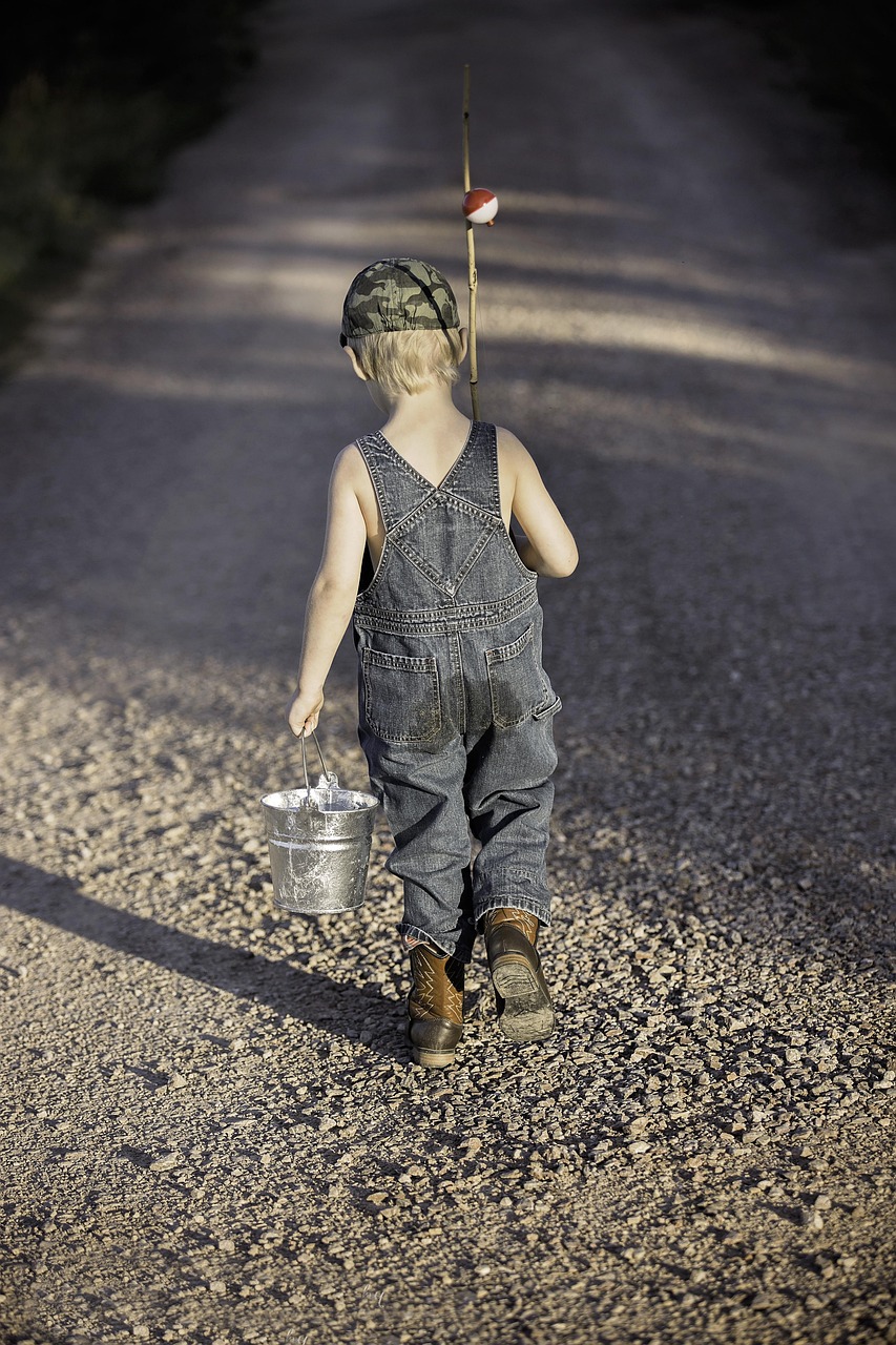 boy, child, fishing rod, bucket, fishing, fisherman, kid, young, small, childhood, walking, nature, summer, adventure, lifestyle, outdoors, back view
